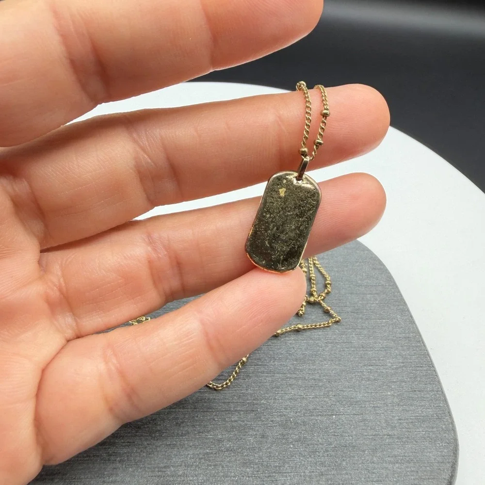 Gold Tone Textured Dog Tag Pendant Station Chain Necklace Minimalist Fashion